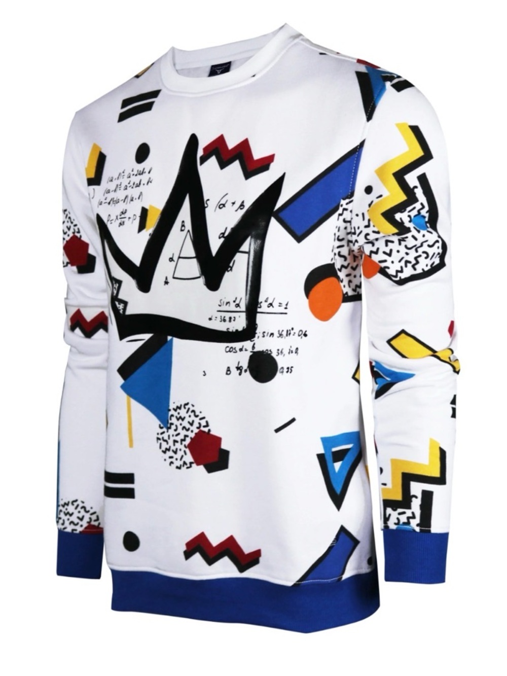 Screenshot White Geometric Print Crewneck Sweater with Blue Trim size 3XL